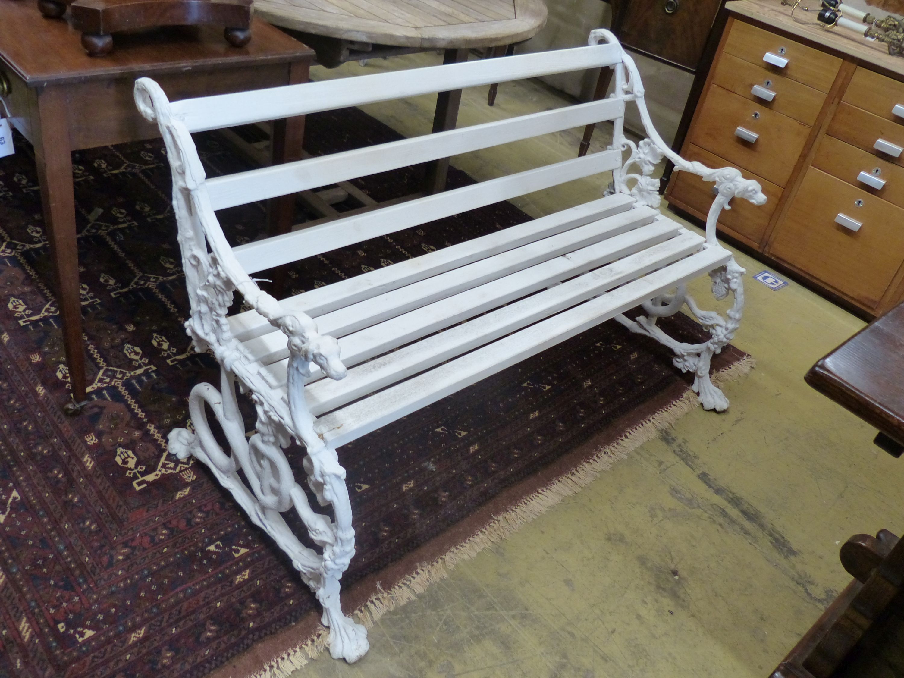 A Victorian style painted cast aluminium slatted garden bench, (Bramley) Colebrook style, length 123cm, depth 64cm, height 76cm